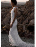 High Neck Ivory Lace Slit Floral Wedding Dress